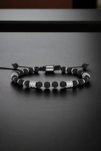 Daniel Klein Men's Bracelet - Natural Stone Black Color with Knitted Buckle Dkeblk2013C1