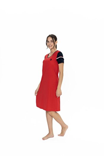 U.S. Polo Assn. Us Polo 100% Cotton, Women's Wide V-Neck, Short Sleeve, Midi Nightgown
