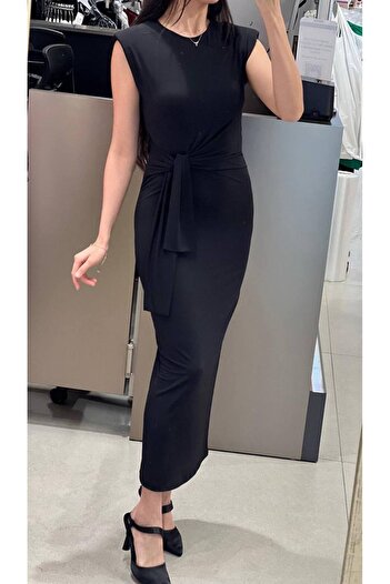 02Lady Fashion Rochie neagră fără mâneci cu curea din țesătură Sandy