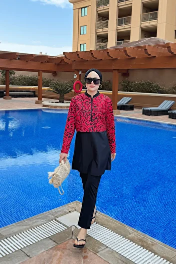 lurex moda Half Digital Printed Hijab Swimsuit