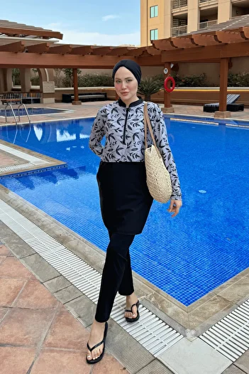 lurex moda Half Digital Printed Hijab Swimsuit