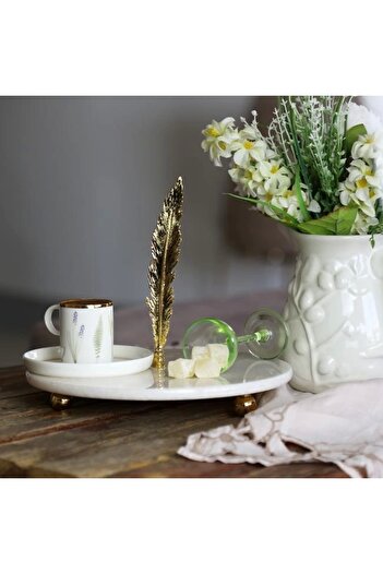 Akayev Marble White 28 Cm Gold Beaded Long Feather Presentation Plate