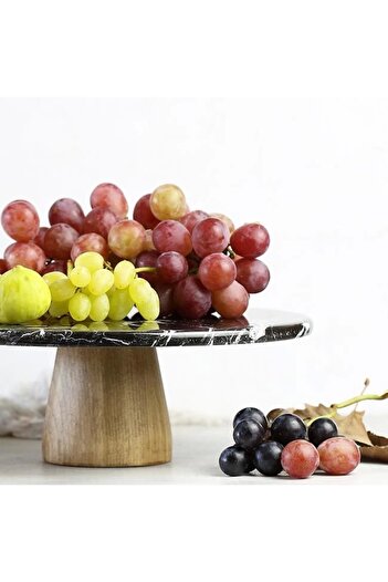 Akayev Mermer 28 Cm Ahşap Konik Ayaklı Siyah Yuvarlak Sunum Tabağı