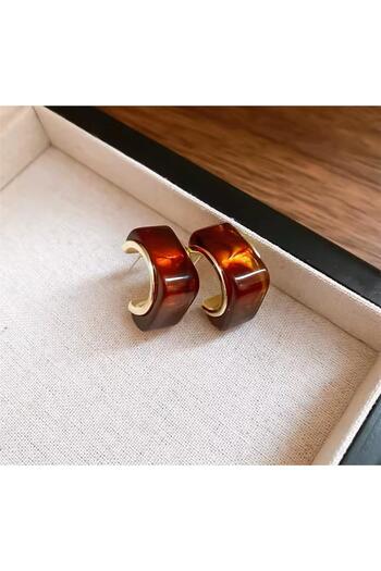 Pelin Aksesuar Brown Bone Stone Cornered Hoop Earrings