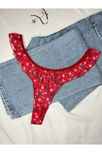ROZENİN LINGERIE Red Frilly Floral Patterned Thong