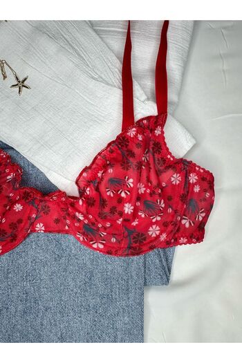 ROZENİN LINGERIE Red Ruffled Floral Patterned Bra