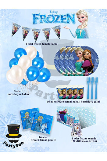 PartyPoo Set de petrecere pentru ziua de naștere Frozen Elsa pentru 16 persoane |   Rechizite pentru petreceri tematice Elsa și Anna Eko2