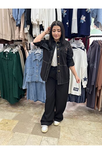 ERVA "Women's Navy Blue Denim Suit – Pocket Detailed Shirt & Wide Leg Trousers"