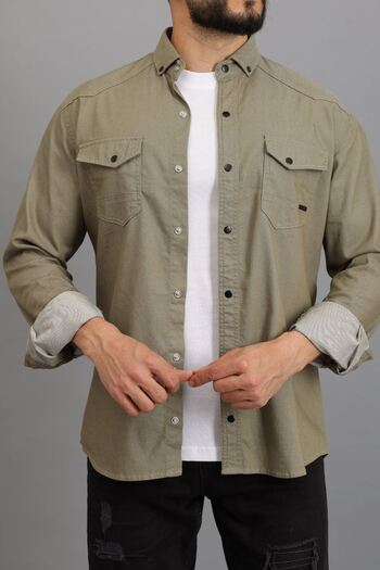 Oyga Men's Light Khaki Slim Fit Slim Fit Double Pocket Cotton Denim Shirt