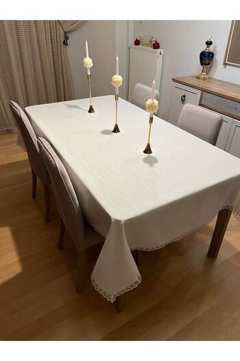 Zeren Home Cream Plastered Table Cloth - Glitter with Lace Detail