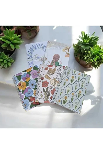 Ez&Tu Stıcker A5 Spiral Special Design Floral Patterned 3-Piece Unlined School Notebook Set and 2-Piece Notebook