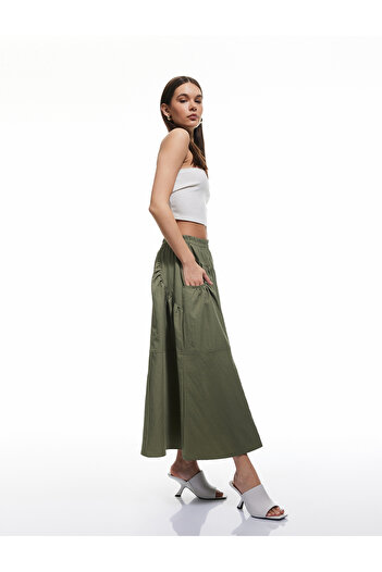 Koton Parachute Fabric Flared Long Skirt with Pockets