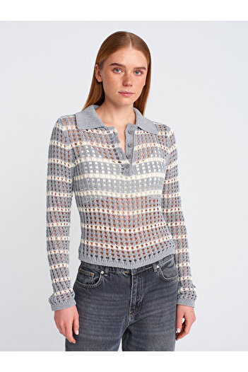 Dilvin 10724 Polo Neck Openwork Buttoned Knitwear Sweater-Gray-Ecru