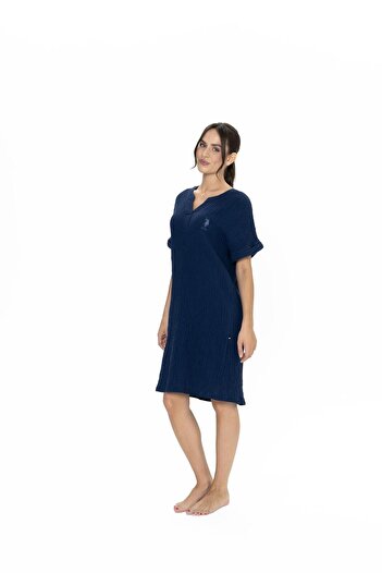U.S. Polo Assn. Us Polo Women's Short Sleeve, V-Neck Home Wear Nightgown, 100% Cotton, Muslin Fabric