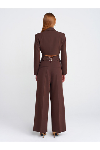 Dilvin 71606 Model - Extra Wide Leg and Adjustable Cut Coffee Pants