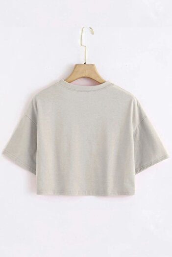 Trendseninle Women's Painted Gray Oversize Crew Neck Crop T-Shirt