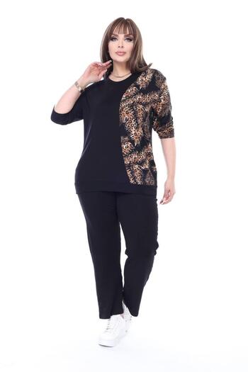 kısmet sepeti Women's Bottom-Top Long 2-Piece Lycra Pocket Detail Leopard Pattern Black Combed Cotton Suit