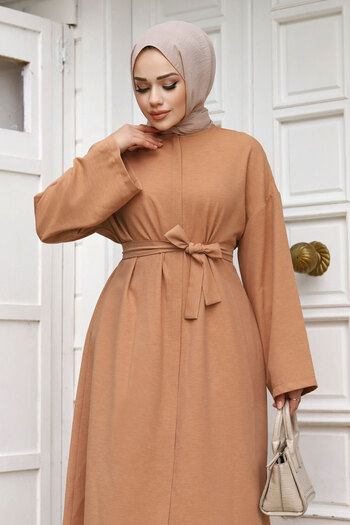 Tesettür Dünyası Bat Sleeve Waist Belted Ferace TSD240204 Tan