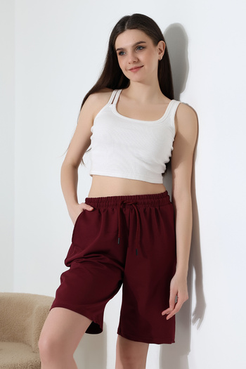 Endies Rahat Kalıp Geniş Uzun Penye Pamuklu Unisex Şort 21823 BORDO