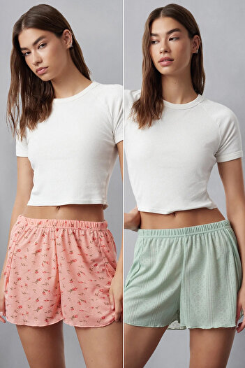 Trendyol Collection 2er-Pack Pyjamahosen aus geripptem, durchbrochenem Gewebe mit Blumenmuster in Mintgrün - THMSS24PJ00000