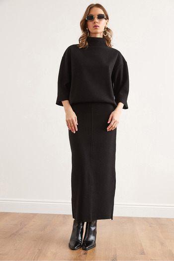 Olalook Black Thessaloniki Suit - Top Turuvakar Blouse and Slit Skirt Tkm- 19000355