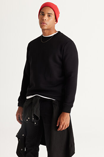 AC&Co / Altınyıldız Classics Pánská černá fleecová mikina z bavlny - Crew Neck, 3 vlákna