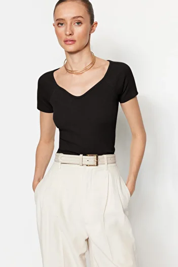 Trendyol Collection Stretchy Corduroy Cotton Anthracite Knitted Blouse - Body-Sitting, Twoss21Bz0579