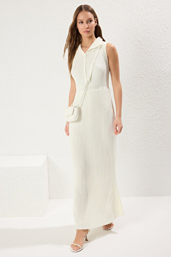 Trendyol Collection Bone Straight Regular Waist Belt Detailed Ribbed Knitwear Dress Twoss25El00487