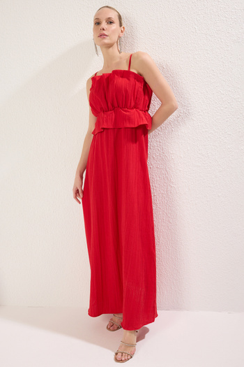 Trendyol Collection Red Straight Woven Lace Maxi Evening Dress & Homecoming Dress