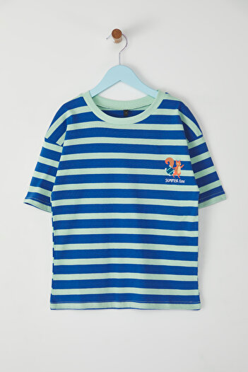TRENDYOLKIDS Turquoise 100% Cotton Unisex Striped Printed Oversize Fit Short Sleeve Knitted T-Shirt Tkdss25Ts00037