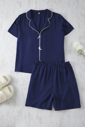 Trendyol Curve Viscose Woven Pajamas Set with Dark Blue Embroidery and Piping Detail Tbbss25Ai00015