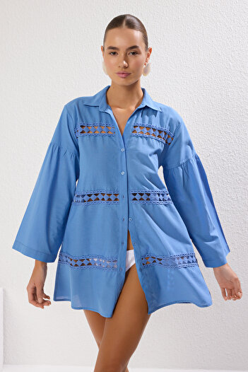 Trendyol Collection Cămașă albastră 100% bumbac țesut simplu TBESS22GO0213