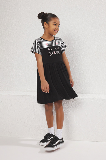 TRENDYOLKIDS Black Midi Striped Knitted Dress Tkdss25El00059