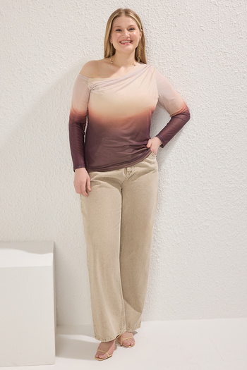 Trendyol Curve Beige Asymmetrical Neckline Abstract Print Plus Size Blouse - Tulle Lined Tbbss24Af00025