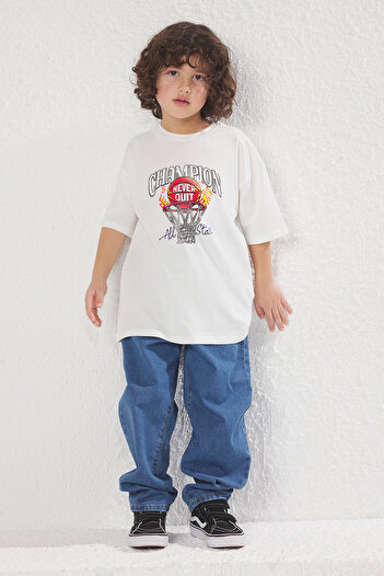 TRENDYOLKIDS Ecru Printed Knitted T-Shirt Tkdss25Ts00031