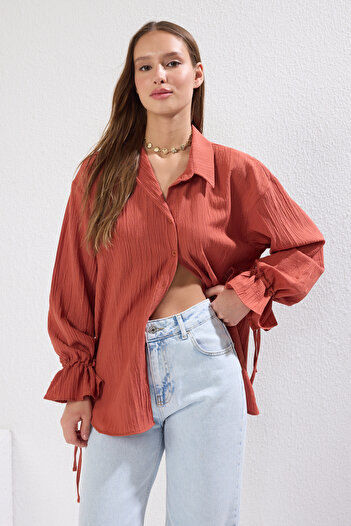Trendyol Collection Tile Sleeve Lace Detailed Textured Woven Shirt TWOSS24GO00087