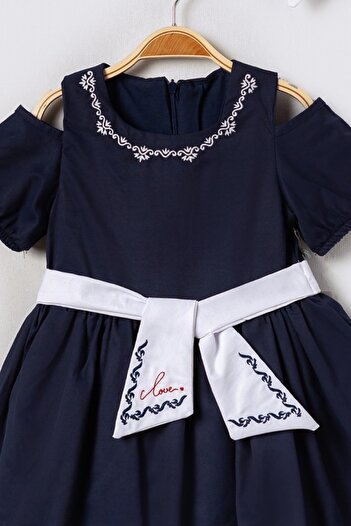 Bebüş Girls' Dress with Dark Blue Embroidery - Off-The-Shoulder, Sash Embroidery, Flared Cutout, Buckle Gift 15615