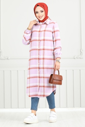 ModaMerve Lilac Plaid Tunic - Front Button, 4446Ktr927-M