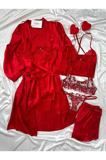 Lena Homewears Women's Red Satin Louvre Red Nightgown Dressing Gown Dowry Set