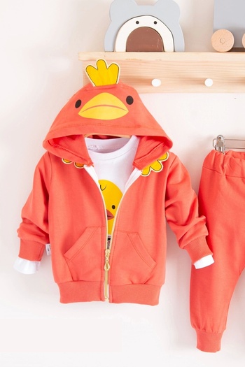 Eng 3-18 Months Baby Boy Set Chick Hooded 3-Piece Orange