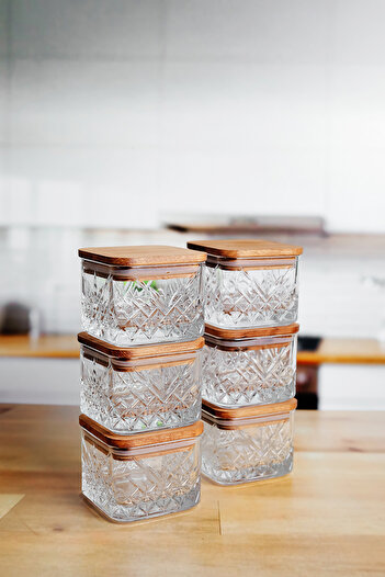 ZURİ DESİGN Set of 6 Square Wooden Vacuum Lid Glass Breakfast 225 ml