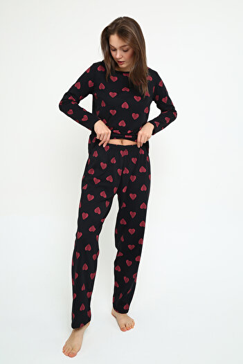 Mythologie Big Hearts Print Cotton Pajamas Set - Black Long Sleeve Wide Leg Crew Neck