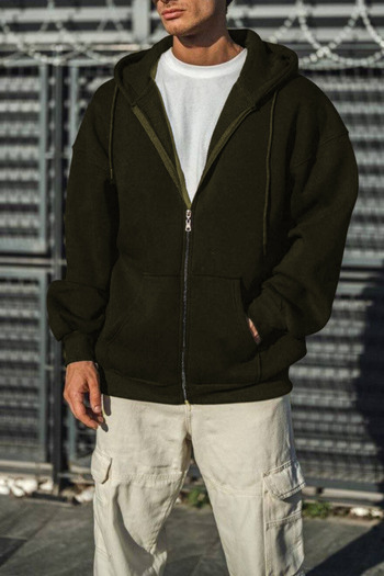 ruNadeS Khaki Men's 3-Thread Seasonal Zip-Up Hooded Fleece Cardigan Jacket