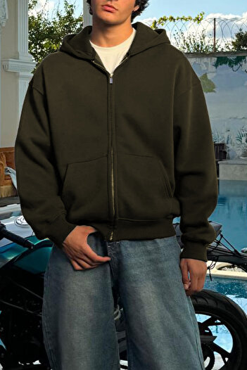 ruNadeS Khaki 3 Thread Men's Zippered Hooded Sweatshirt Cardigan
