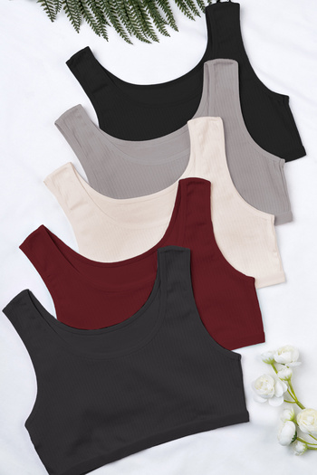Happy Fox Cotton Corded Young Girls' Undershirt Set of 5 – Lycra Wide Straps Daily Comfort