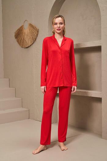 PJS 25167 Women's Collared Buttoned Long Sleeve Red Pajama Set