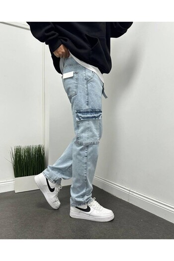 Oliggopol Men's Blue Baggy Cargo Pants Jeans Fabric Baggy