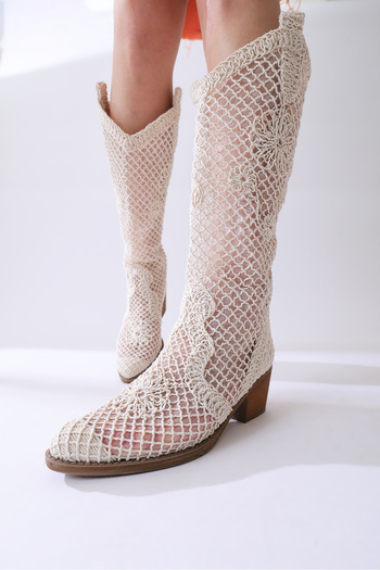 Limoya Μπεζ δαντέλα λουλούδι Λεπτομερείς Tersa Cowboy Boots - Long Heel
