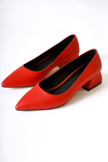 Limoya Genuine Leather Berta Red Pointed Toe Low Heel Shoes Women's Classic Heeled Shoes