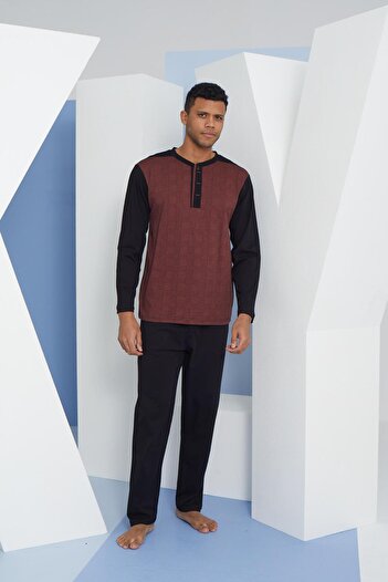 KLY 9132 Model - Men's Plus Size Buttoned Long Sleeve Pajama Set